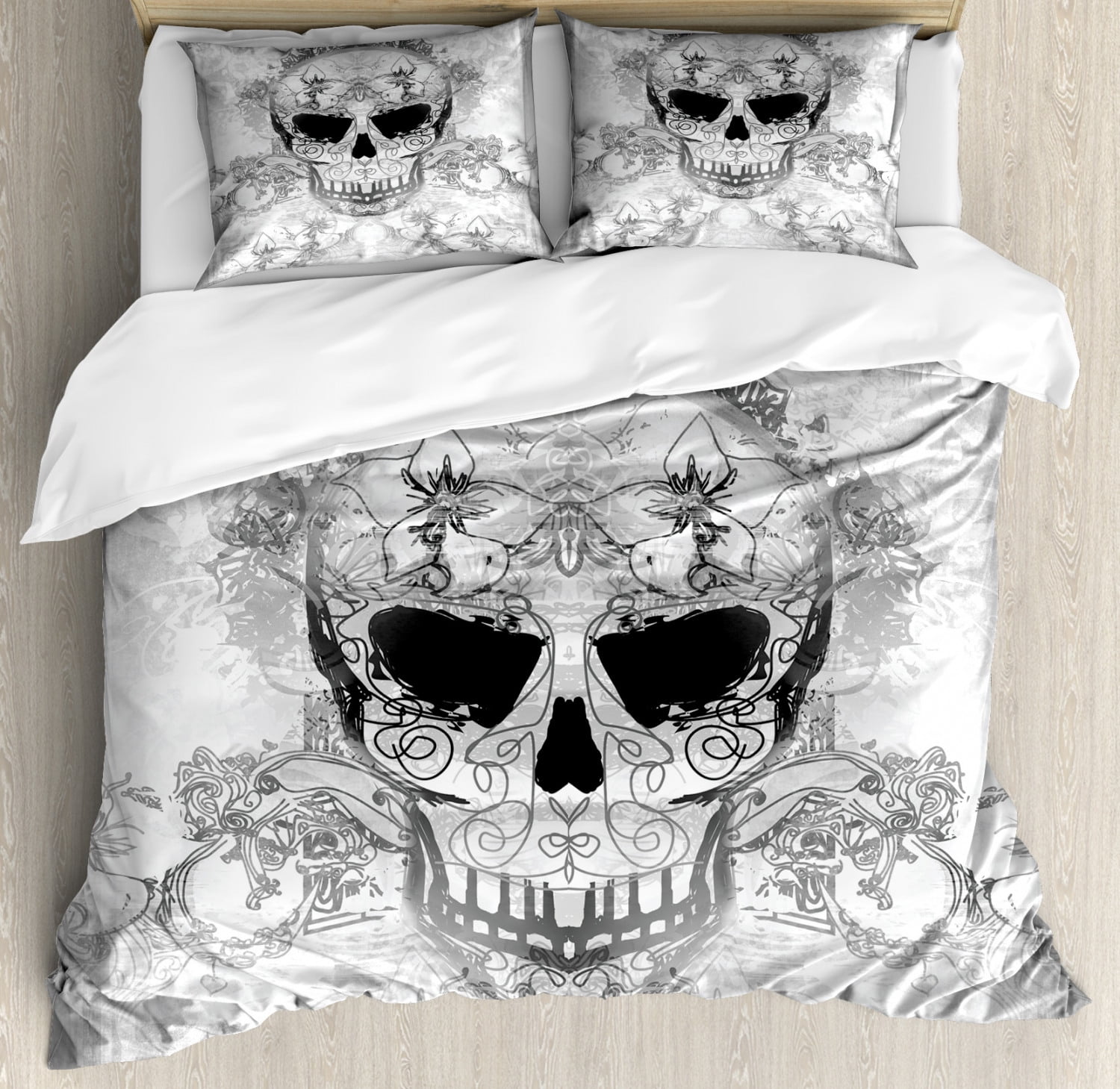 King Pale Grey and White Skull Duvet Cover Set