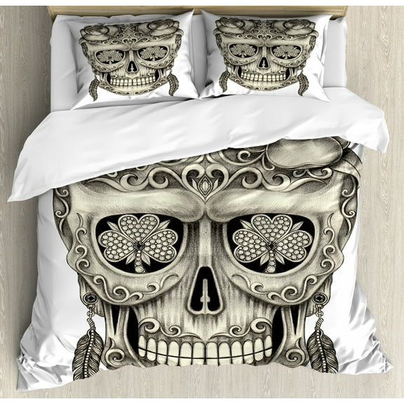 Day of the Dead Duvet Cover Set, Spanish Sugar Skull with Roses Dragonfly Eyes Feather and Earrings Art, Decorative 3 Piece Bedding Set with 2 Pillow Shams, Queen Size, Grey Ivory, by Ambesonne