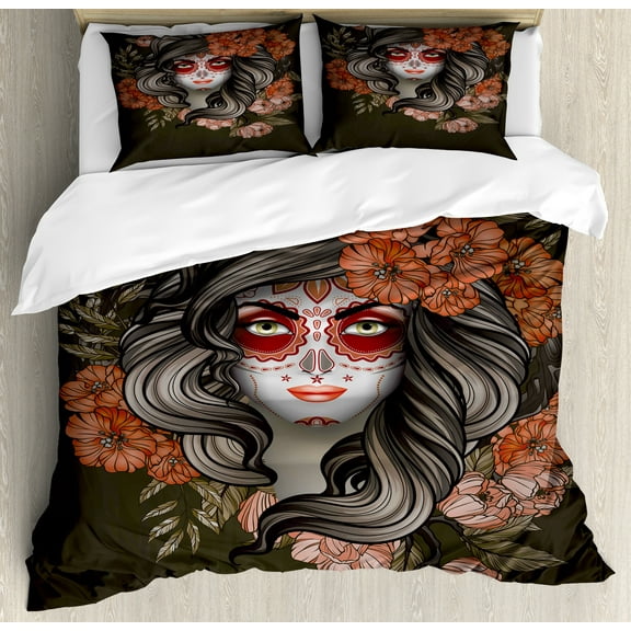 Day of the Dead Duvet Cover Set, Spanish Woman with Calavera Makeup Art and Flower Blooms, Decorative 3 Piece Bedding Set with 2 Pillow Shams, Calking Size, Army Green Salmon, by Ambesonne