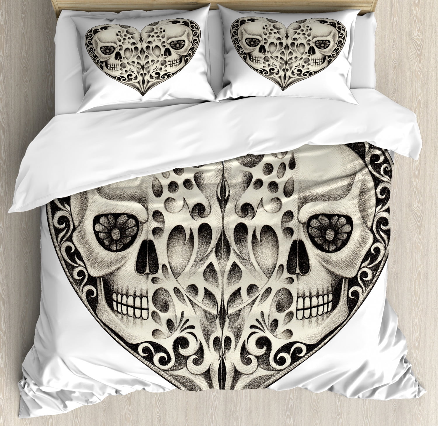 Day of the Dead Duvet Cover Set, Twin Half Design in Heart Shapes ...