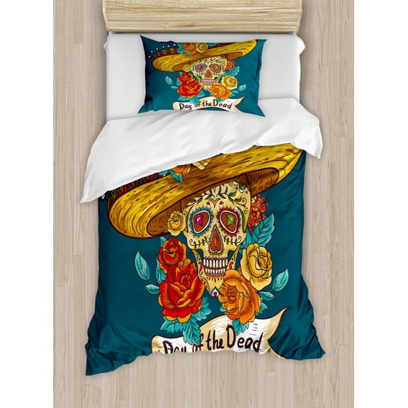 Day Of The Dead Duvet Cover Set Twin Size, Mexican Festive Hat Skull with Roses Art Print, Decorative 2 Piece Bedding Set with 1 Pillow Sham, Petrol Blue Turquoise Orange, by Ambesonne