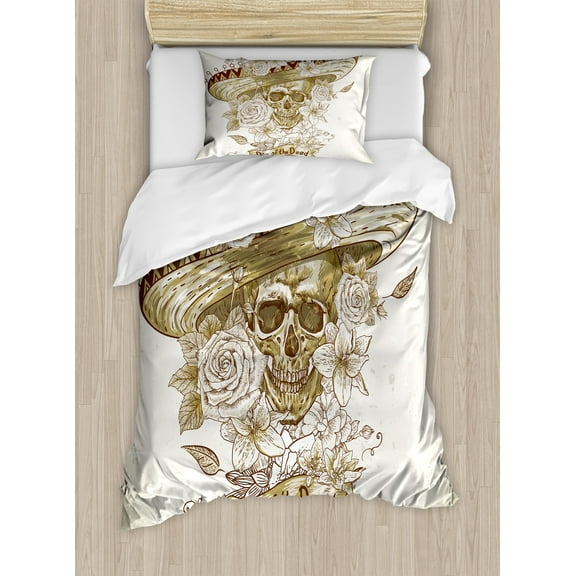 Day of the Dead Duvet Cover Set, Wooden Floral Leaves with Mexican Spanish Festival Hat Traditional Print, Decorative 2 Piece Bedding Set with 1 Pillow Shams, Twin Size, Khaki Beige, by Ambesonne