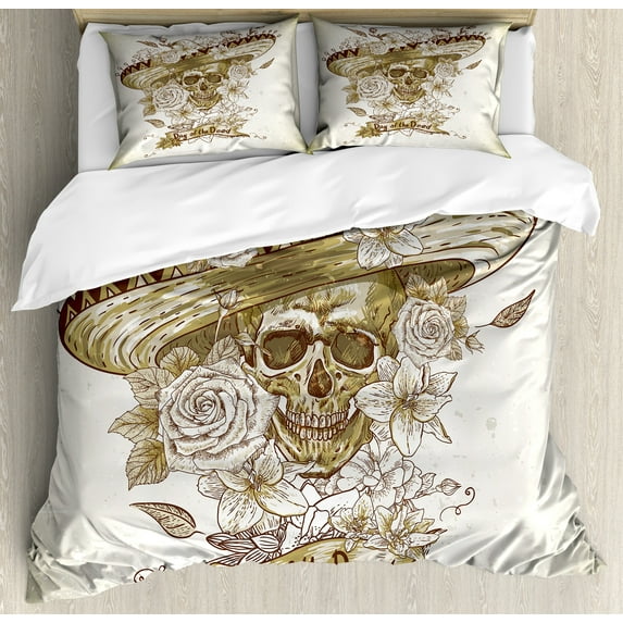 Day of the Dead Duvet Cover Set, Wooden Floral Leaves with Mexican Spanish Festival Hat Traditional Print, Decorative 3 Piece Bedding Set with 2 Pillow Shams, King Size, Khaki Beige, by Ambesonne