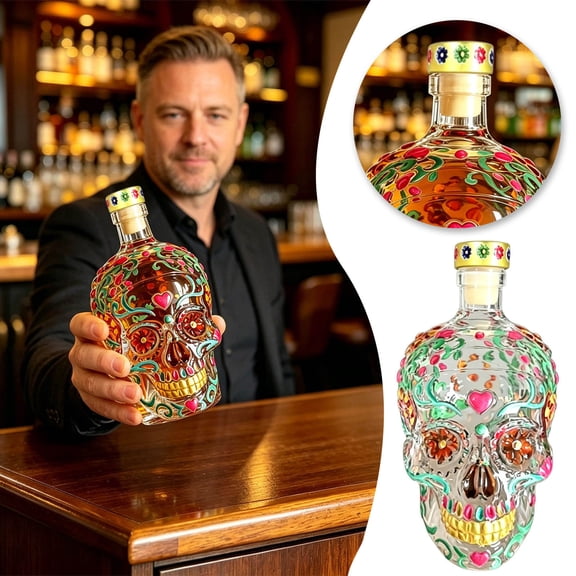 Day of the Dead Edition Tequila Bottle, Gothic Floral Skull Glass Liquor Decanter, Novelty Hand-Painted Clear Glass Bottle for Halloween Home Bar Display & Holiday Gifting