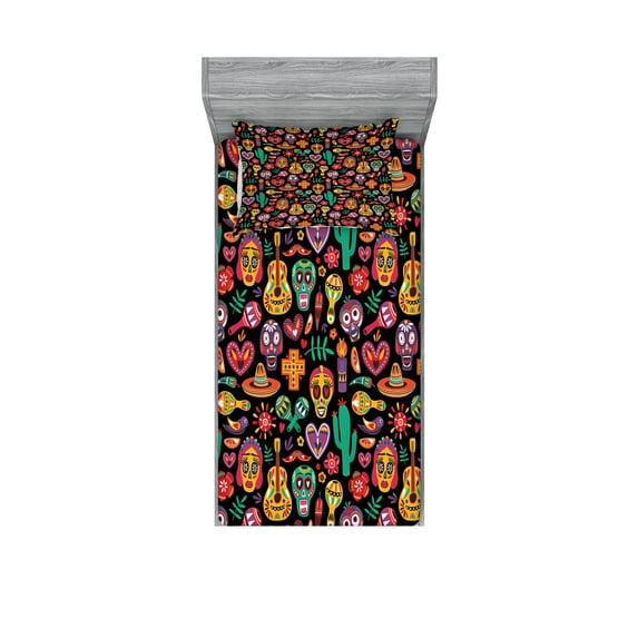 Day of the Dead Fitted Sheet & Pillow Sham Set, Continuous Sugar Skull Flowers Pepper and Maracas Pattern, Decorative Printed 4 Piece Bedding Decor Set, Twinxl, Charcoal Grey Multicolor, by Ambesonne