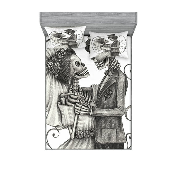 Day of the Dead Fitted Sheet & Pillow Sham Set, Love Skull Skeleton Marriage Eternal Love Theme Spanish Art, Decorative Printed 6 Piece Bedding Decor Set, King, Dimgrey and White, by Ambesonne
