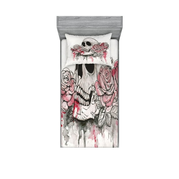 Day of the Dead Fitted Sheet & Pillow Sham Set, Print Skull Shape Romantic Roses Celebration Day Print, Decorative Printed 4 Piece Bedding Decor Set, Twin, White Pale Pink Black, by Ambesonne