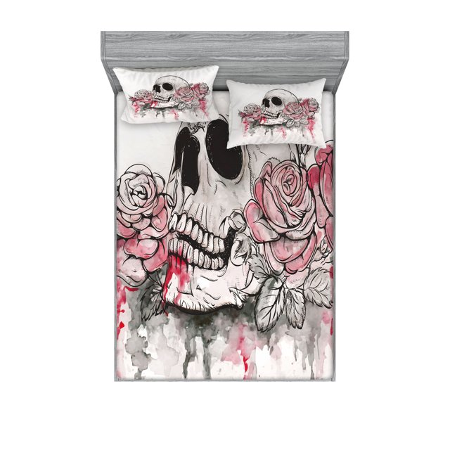 Day of the Dead Fitted Sheet & Pillow Sham Set, Print Skull Shape Romantic Roses Celebration Day Print, Decorative Printed 6 Piece Bedding Decor Set, Full, White Pale Pink Black, by Ambesonne