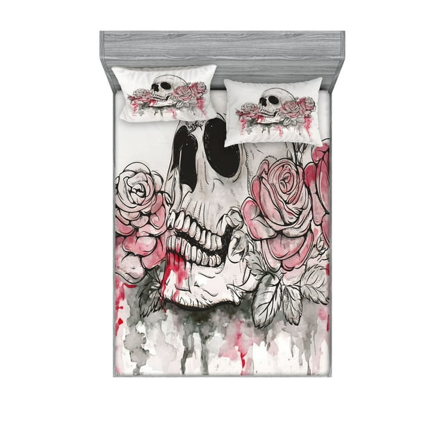 Day of the Dead Fitted Sheet & Pillow Sham Set, Print Skull Shape Romantic Roses Celebration Day Print, Decorative Printed 6 Piece Bedding Decor Set, Full, White Pale Pink Black, by Ambesonne