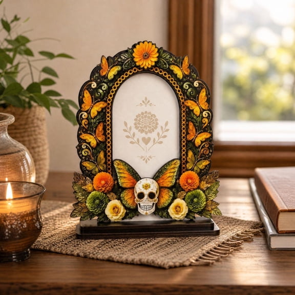 Day of the Dead Frames, Dia De Los Muertos Picture Frame Wooden Altar Decor, 2D Printed Tabletop Photo Holders for Loved Ones Family Remembrance Mexican Festival Home Display