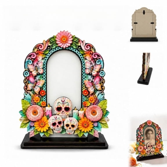 Day of the Dead Frames, Dia De Los Muertos Picture Frame Wooden Altar Decor, 2D Printed Tabletop Photo Holders for Loved Ones Family Remembrance Mexican Festival Home DisplayAvailable in a variety o