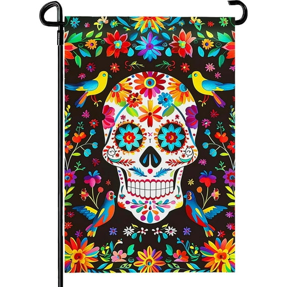 Day of the Dead Garden Flag Skull Welcome Floral Yard Flag Mexican Gothic Skeleton Flowers Birds Double-Sided Garden Flags Fiesta Dia DE Los Muertos Burlap House Banner 12x18 Inch