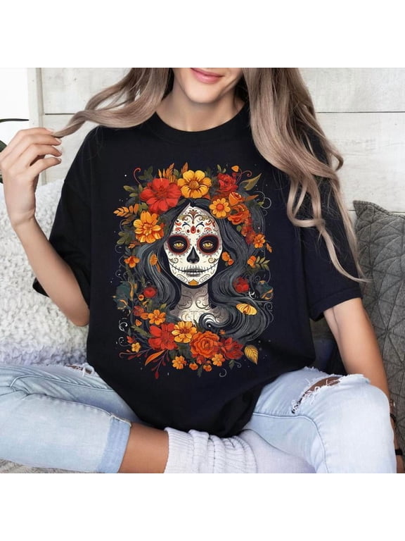 Day Dead Graphic Tee T Shirt Top La Catrina Sugar Skull Design Cultural Casual Short Sleeve Black S-5XL
