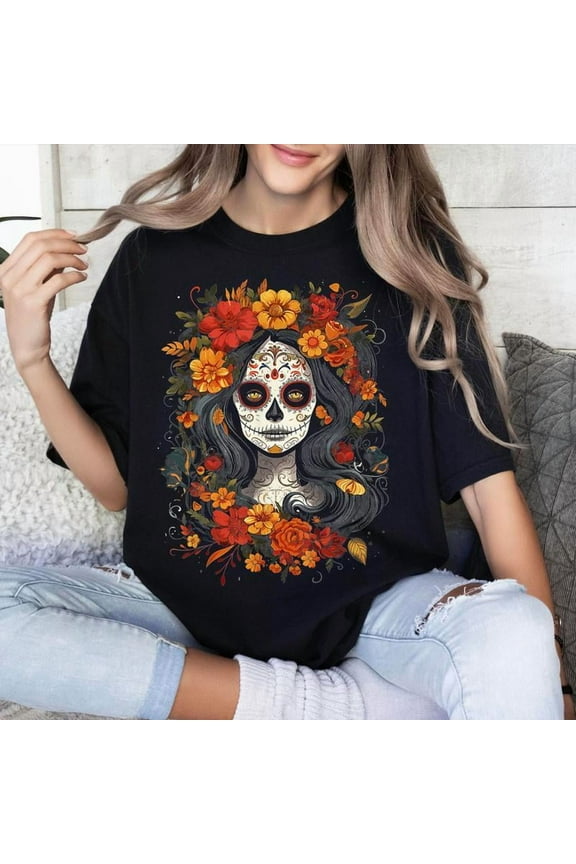 Day Dead Graphic Tee T Shirt Top La Catrina Sugar Skull Design Cultural Casual Short Sleeve Black S-5XL