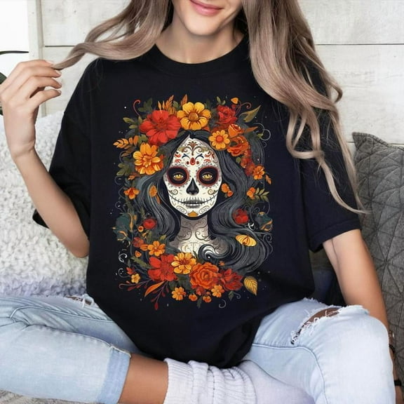 Day Dead Graphic Tee T Shirt Top La Catrina Sugar Skull Design Cultural Comfortable Casual Short Sleeve Black S-5XL