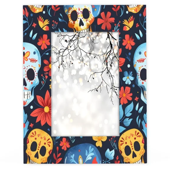 Day Of The Dead Mexican Sugar Skull 4x6 Picture Frame Wooden Photo Frames Vertical Horizontal Hanging 4x6 Display Photos for Wall Mounting or Tabletop Display for Home Office Living Room Decor