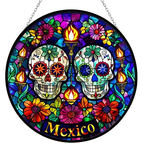 Day of The Dead Mexico Stained Glass Suncather Window Hangings, Suncatchers Glass Panel Sun Catchers Gifts Home Decor Garden Christmas Halloween Wedding