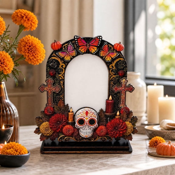 Day of the Dead Mini Wooden Picture Frames Altar Decor Dia De Los Muertos Ofrenda Display, Sugar Skull Floral Designs with Stands, Mexican Fiesta Tabletop, Halloween Remembrance