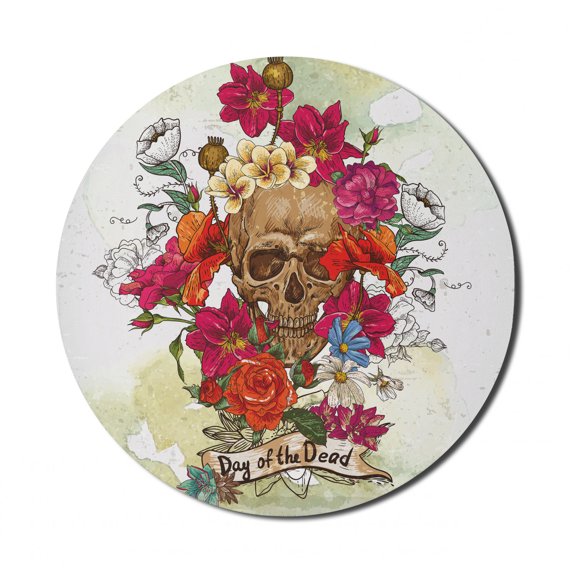 Day of the Dead Mouse Pad for Computers, Skull Dead Head with Flowers Daisies Spanish Tradition Celebration, Round Non-Slip Thick Rubber Modern Gaming Mousepad, 8" Round, Multicolor, by Ambesonne