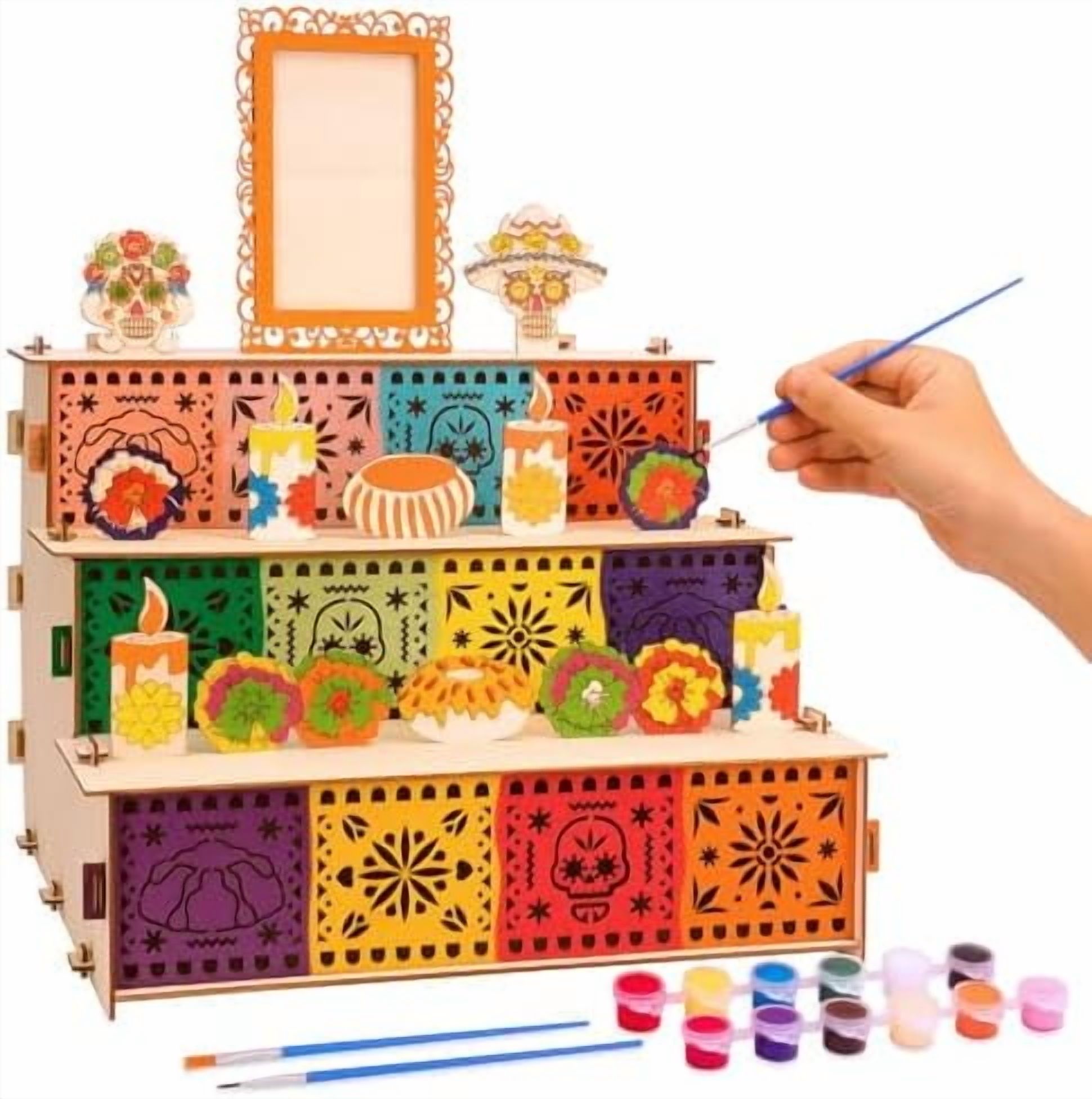 Dia De Los Muertos Wooden Altar Ofrenda Kit - Includes Photo Frame, Marigold Flowers, Butterflies, Banner & Lights