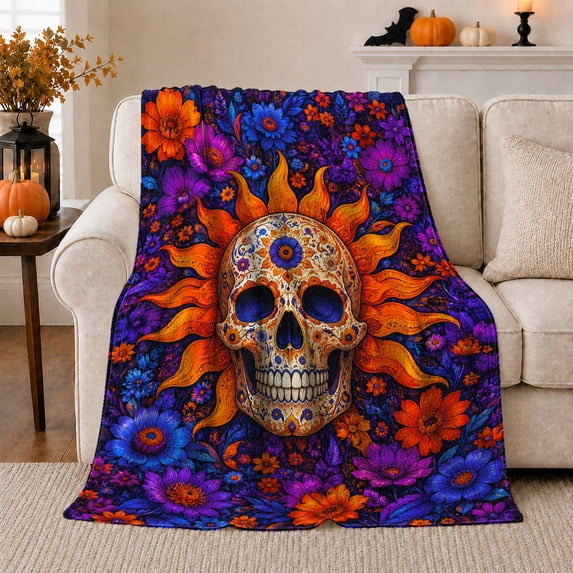 Day of the Dead Orange Flames Warm Flannel Blanket for Sunroom and Reading Nook, Festive Botanical Garden Scene, Housewarming Gift for Garden Lovers, Celestial Home Decor
