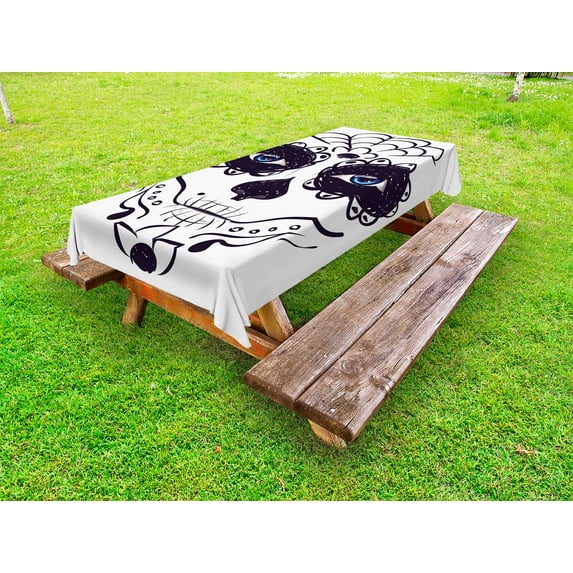 Day Of The Dead Outdoor Tablecloth, Dia de los Muertos Sugar Skull Girl Face with Mask Make up Print, Decorative Washable Fabric Picnic Table Cloth, 58 X 84 Inches,Black White and Blue, by Ambesonne