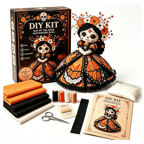 Day of the Dead Patchwork Doll DIY Kit, Halloween DIY Patchwork Skeleton Set, Halloween Sewing Craft Kit with Floral Lace & Sugar Skull Design, Little Ghost's Cozy Halloweens DIY Patchwork Kit