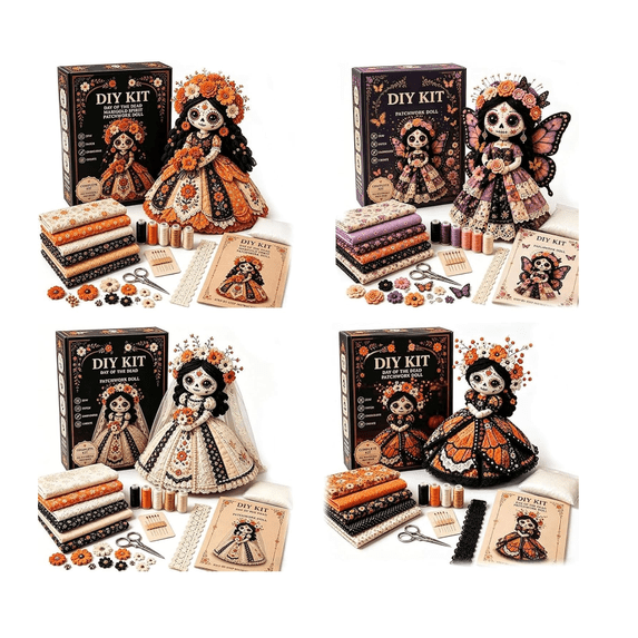 Day of the Dead Patchwork Doll DIY Kit, Halloween DIY Patchwork Skeleton Set, Halloween Sewing Craft Kit with Floral Lace & Sugar Skull Design, Little Ghost's Cozy Halloweens DIY Patchwork Kit