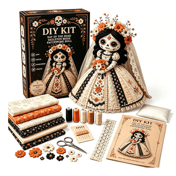 Day of the Dead Patchwork Doll DIY Kit, Halloween DIY Patchwork Skeleton Set, Halloween Sewing Craft Kit with Floral Lace & Sugar Skull Design, Little Ghost's Cozy Halloweens DIY Patchwork Kit