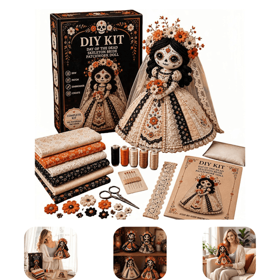 Day of the Dead Patchwork Doll DIY Kit, Sugar Skull Fabric Sewing Craft Kit for Adults, Vintage Mexican Folk Art Doll Making Set, Fall Home Decor Handmade Gift for Craft Lovers & Doll Collectors C