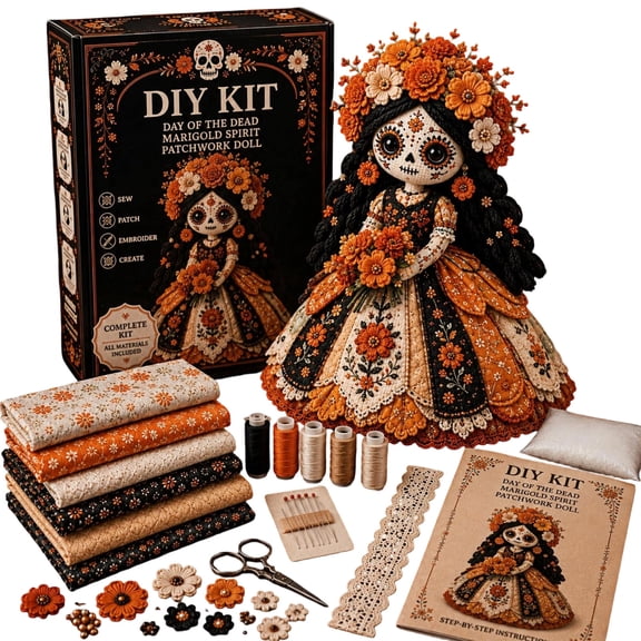 Day of the Dead Patchwork Doll DIY Kit, Sugar Skull Sewing Craft Kits for Adults, Fall Home Decor Handmade University Gift, Halloween Fabric Doll Making Kit
