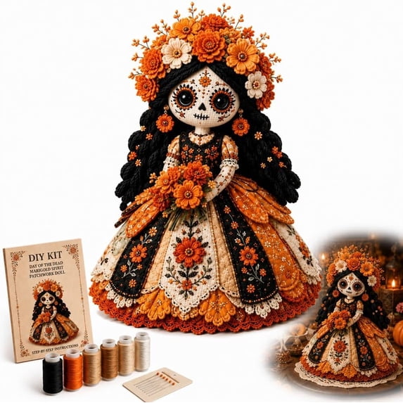 Day of the Dead Patchwork Doll DIY Kit, Sugar Skull Sewing Craft Kits for Adults, Halloween Fabric Doll Making Kit, Fall Home Decor Handmade Gift for Craft Lovers and Doll Collectors (A)