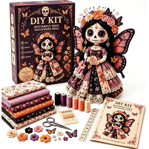 Day of the Dead Patchwork Doll DIY Kit, Sugar Skull Sewing Craft Kits for Adults, Halloween Fabric Doll Making Kit, Fall Home Decor Handmade Gift for Craft Lovers and Doll Collectors (B)