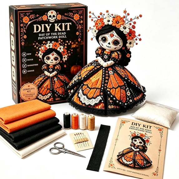 Day of the Dead Patchwork Doll DIY Kit, Sugar Skull Sewing Craft Kits for Adults, Halloween Fabric Doll Making Kit, Fall Home Decor Handmade Gift for Craft Lovers and Doll Collectors (D)