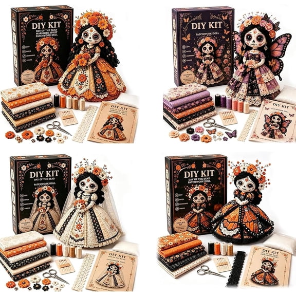Day of the Dead Patchwork Doll DIY Kit, Sugar Skull Sewing Craft Kits for Adults, Halloween Fabric Doll Making Kit, Fall Home Decor Handmade Gift for Craft Lovers and Doll Collectors (ALL-4PCS)