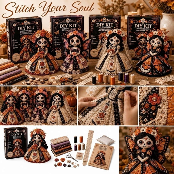 Day of the Dead Patchwork Doll DIY Kit, Therapeutic Slow Sewing Craft Kit for Adult Crafters, Vintage Sugar Skull Doll Fall Entryway Table Decor Gift C