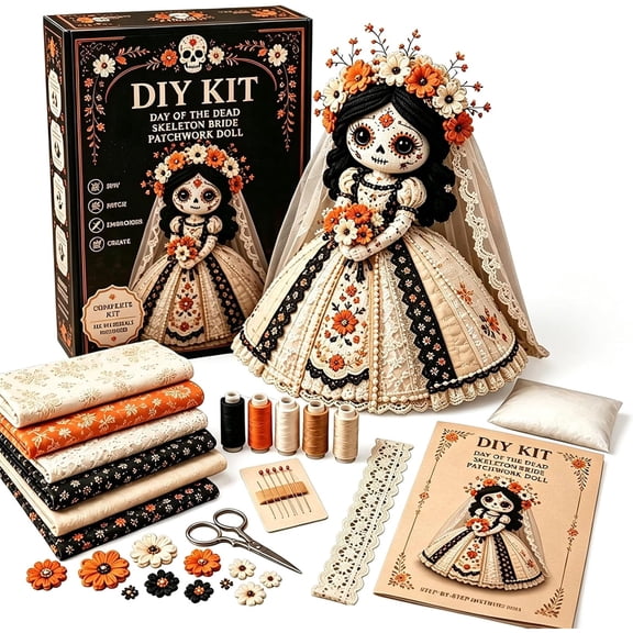 Day Of The Dead Patchwork Doll DIY Sewing Kit, Handmade Fabric Skeleton Witch Girl Craft Set, Floral Halloween Sewing Project, Gift For Craft Lovers, Collectors,1PC