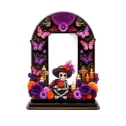 Day of the Dead Photo Frames, Classic Sugar Skull Thicker Wooden Picture Frame with Stand for Mexican Tabletop Display Dia De Los Muertos Altar Decor Fiesta Gift