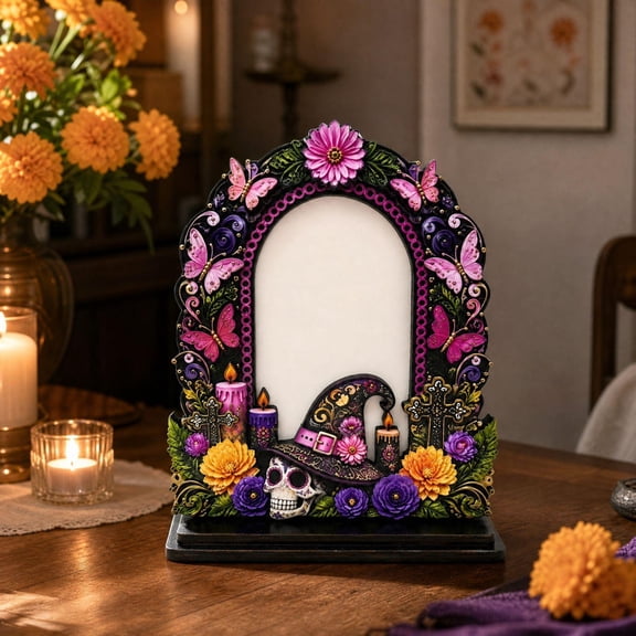 Day of the Dead Picture Frame,Black and Purple, Sugar Skull Decor Picture Frame for Desk Display, Dia de Los Muertos Decorations Gothic Home Decor Accent