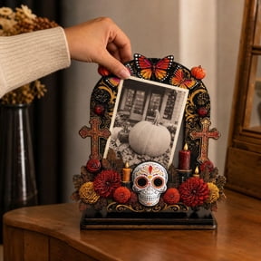 Day of the Dead Picture Frame, Wooden Sugar Skull Calaveras Photo Frame with Floral Butterfly Details, Dia De Los Muertos Self-Standing Photo Holder for Mexican Ofrenda Altar Home Decor