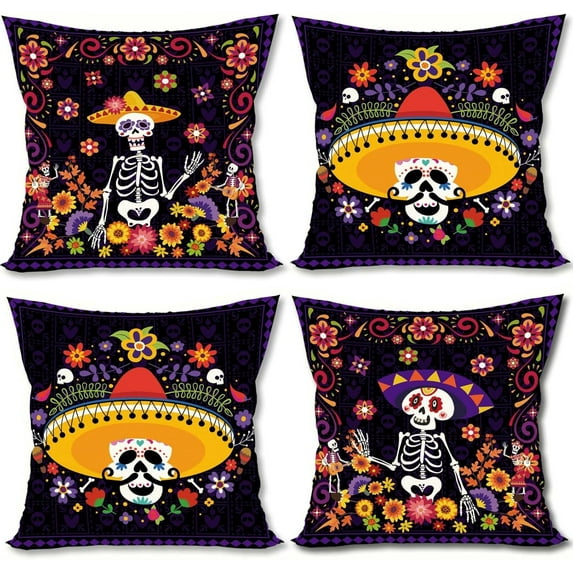 Day of The Dead Pillow Covers Dia De Los Muertos Sugar Skull Flower Throw Pillow Covers 18x18 Set of 4 Day of The Dead Deocr Pillow Case Mexican Fiesta Decorations and Supplies