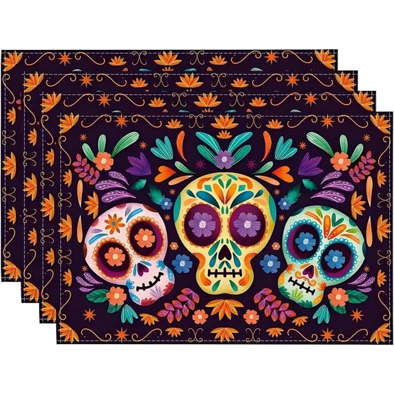 Day of The Dead Placemats Set of 4, Skull Marigolds Día de Los Muertos Linen Table Place Mats, Halloween Mexican Fiesta Seasonal Farmhouse Home Party Indoor Kitchen Dining Table Decoration, 12x18