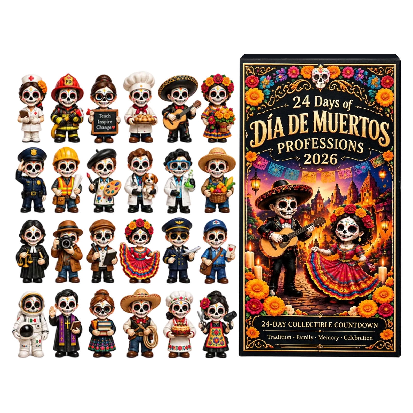 2026 Día de Muertos professions calendar box with skull character collection