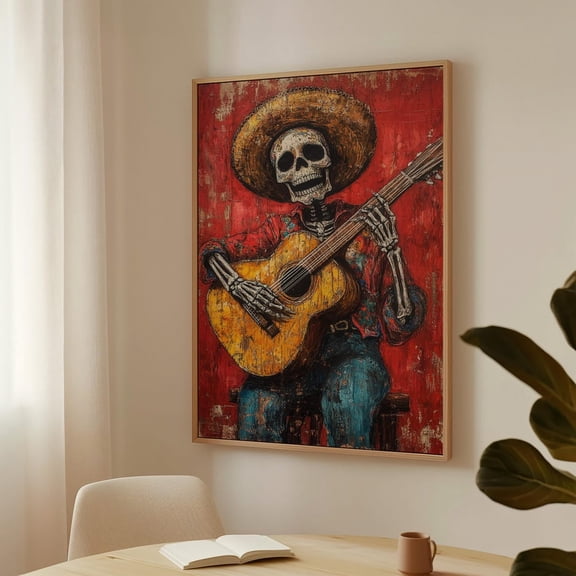 Day Of The Dead Skeleton Guitarist Art Mexi.Can Folk Art Print Rustic Western Decor Dia De Los Muertos Musician Cowboy Skull Wall Art Modern Wall Decor Art