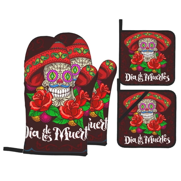 Day Dead Skull Mexican Mexico 4Pcs Oven Mitts and Pot Holders Sets Oven Kitchen Gloves Hot Pads for Cooking BBQ Baking Grilling