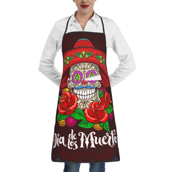 Day Dead Skull Mexican Mexico Apron with Pocket Cooking Waterproof Bib Aprons for Kitchen Baking Chef Gardening BBQ