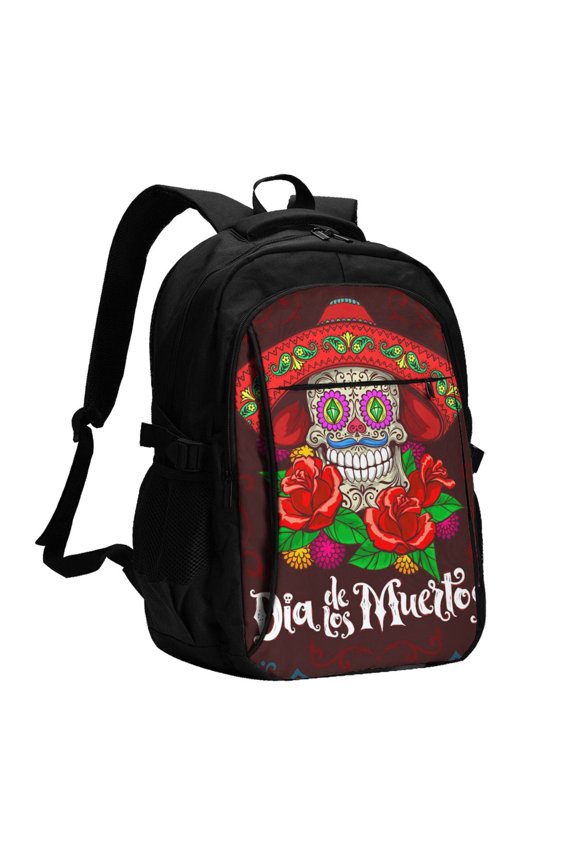 Day Dead Skull Mexican Mexico Laptop Backpack with USB Charging Headphone Port Casual Daypack Bag College Business Travel
