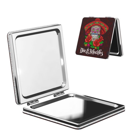 Day Dead Skull Mexican Mexico Portable Double-Sided Face Mirror Square, Magnifying Compact Pocket Mirror with PU Leather Cover