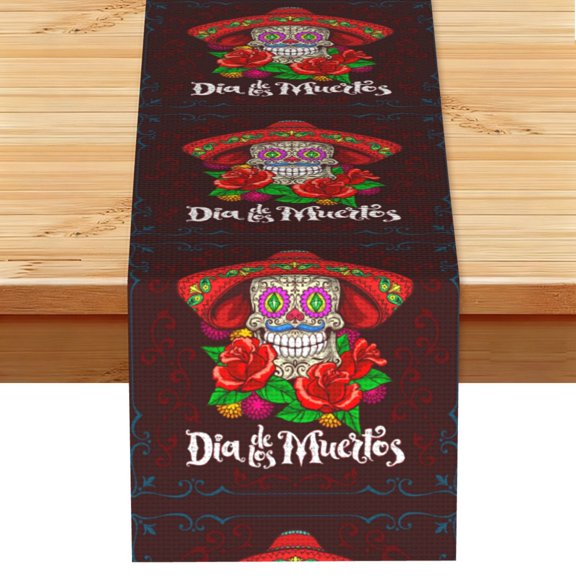 Day Dead Skull Mexican Mexico Table Runner 13x72 Inch for Dining Table Kitchen Wedding Party Decor Fireplace Mantle