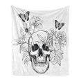 thumbnail image 1 of Day of the Dead Soft Flannel Fleece Blanket, Skull with Flower Blooms and Butterflies Vintage Gothic Design Print, Cozy Plush for Indoor and Outdoor Use, 50" x 70", Black and White, by Ambesonne, 1 of 6